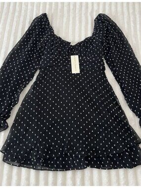 THIRTY/THIRTY LA Womens‎ Fit & Flare Mini Long Sleeve Polka Dot Black Dress Sz L